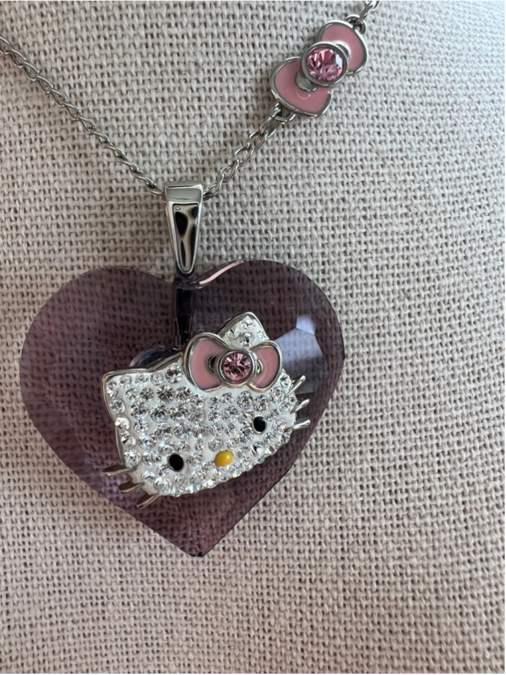 Swarovski 2013 Hello Kitty Pink Crystal Heart Pendant Necklace Enamel Bow RARE